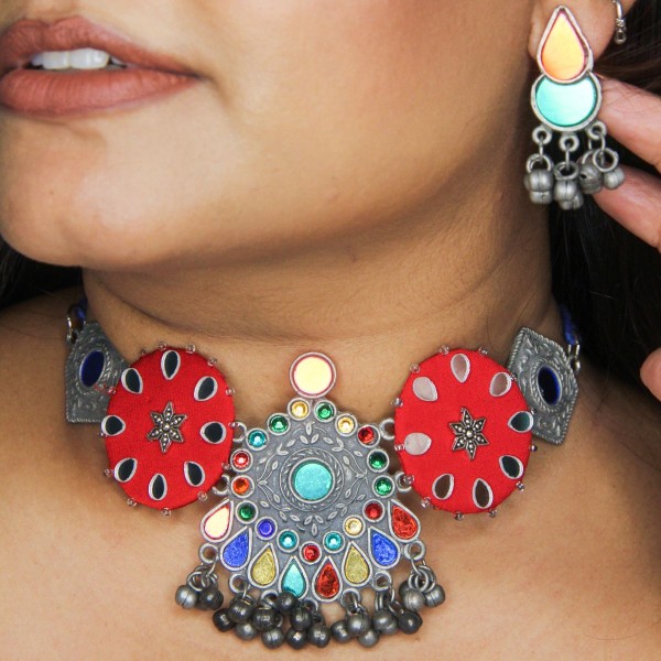 Red Multicolour Mirror Choker